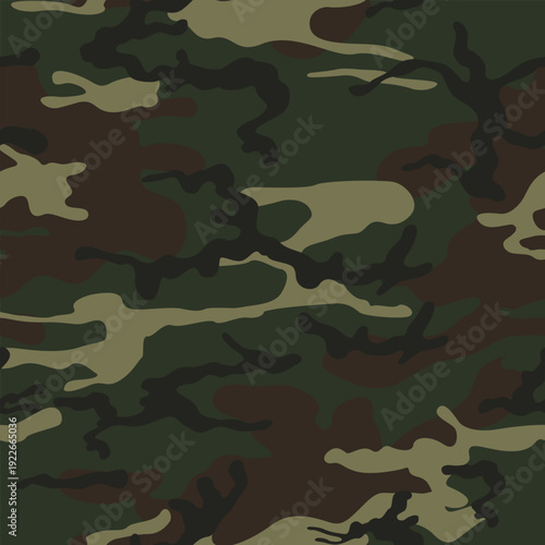 Classic military army camouflage seamless pattern in green, brown, and black tones for textile print for fabric, seamless pattern