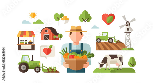 Farmer and Agriculture Icons Set: Flat Vector Illustration of Harvest, Produce, Tractor, Barn, Cow, and Organic Farming Elements.