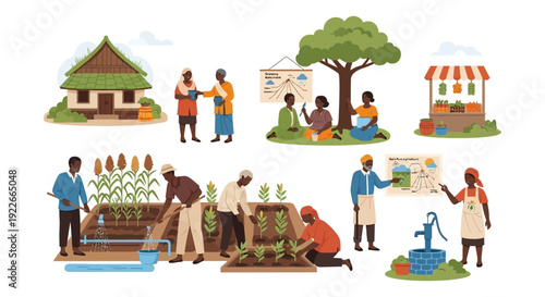 African Sustainable Agriculture Scenes: Farmers Community, Crop Growing, Education, and Rural Food Security Illustration.