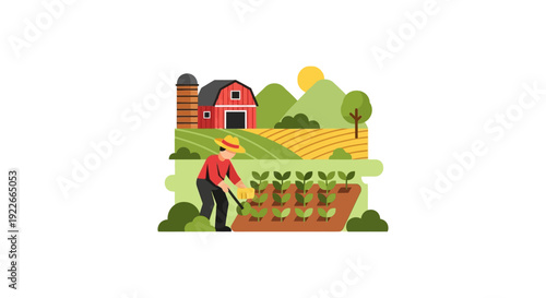Farmer Tending Crops and Working Soil in Farm Field. Flat Vector Illustration of Agriculture Scene with Red Barn, Silo, and Rural Landscape.