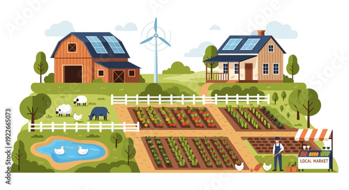 Sustainable Farm Vector: Eco-Friendly Agriculture Landscape with Solar Panels, Wind Turbine, Organic Crops, Livestock, Farmer, and Local Market Stand.