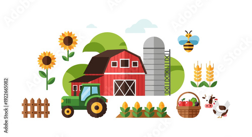 Modern Farm Life Illustration: Flat Vector Scene with Red Barn, Green Tractor, Sunflowers, Cow, and Harvest Icons