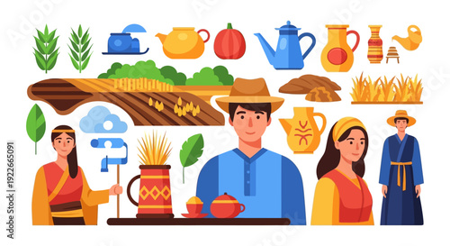 Traditional Harvest and Farming Culture Flat Icon Set: Rural People, Wheat, Crops, and Decorative Pottery Vector