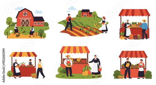 Farming and Farmers Market Illustration Set. Agricultural Workers Harvesting Produce and Selling Local Organic Food at Stand.