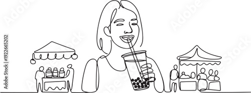 Continuous one line drawing young happy woman is drinking a plastic cup of bubble milk tea. Female enjoy bubble milk tea with street food in night market. one line Icon drawing