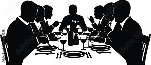 Family dinner gathering silhouette with people eating at table, social celebration meal concept, restaurant dining scene isolated on white background