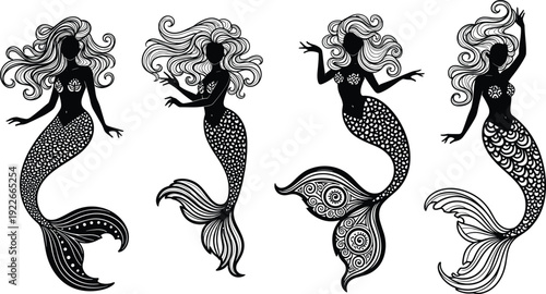 Mermaid Silhouette Collection Vector Illustration with Decorative Tails and Flowing Hair, Fantasy Mythical Sea Creature Design Set