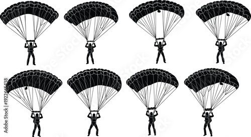 Parachutist Silhouette Set Vector Illustration with Skydiver Landing Positions Isolated on White Background, Extreme Sport Collection Design