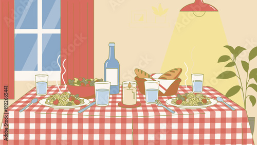 Warmly lit dinner table setting with red and white checkered tablecloth, plates of food, glasses, and wine bottle on a cozy indoor table.