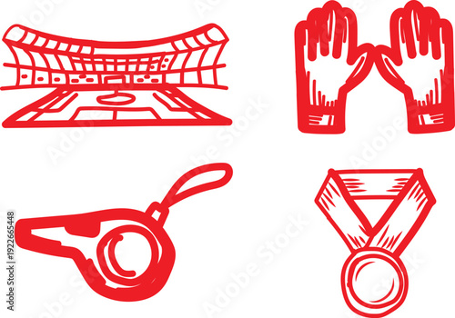Collection of four distinct bright red stylized sporting icons including a stadium, goalkeeper gloves, a whistle, and a victory medal symbolizing competition and athletic achievement in sports events.