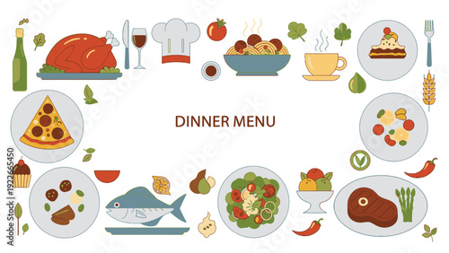 Flat lay illustration of various dinner foods and dishes arranged around 'DINNER MENU' text on a white background.