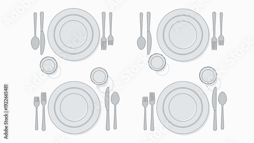 A flat lay of four dinner settings with plates, glasses, and silverware arranged on a clean white background in a minimalist style.