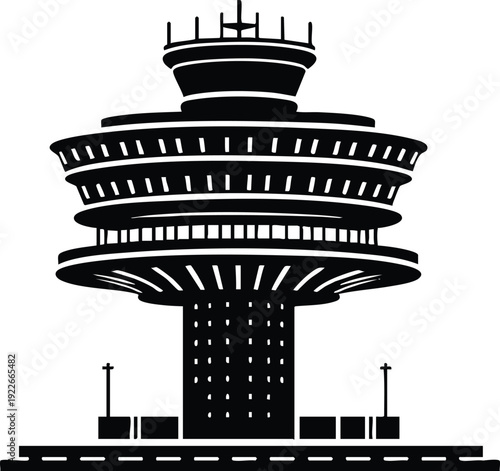 Black silhouette illustration of an airport control tower air traffic management isolated on a white background