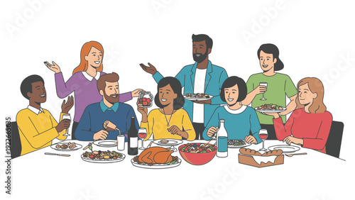 Diverse group of people sitting around a dinner table with various food items, engaged in conversation and enjoying a meal together in a warm and inviting setting.