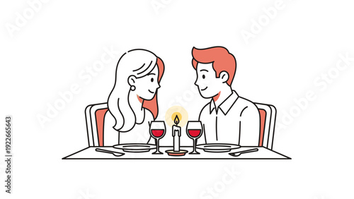 A romantic couple enjoys a candlelit dinner for two with wine glasses in a minimalist setting.