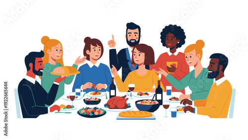 A diverse group of people enjoying a meal together at a dinner table with various dishes and drinks on it, in a warm and inviting atmosphere.