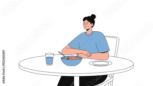 A woman enjoys a quiet dinner at a round table with a bowl of food and a glass of water.