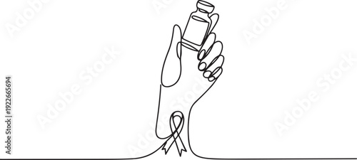 Single continuous line drawing hand holds medical glass vial or vaccine bottle with red ribbon on wrist. Vaccination. Treatment. National HIV Vaccine Awareness Day. one line Icon drawing