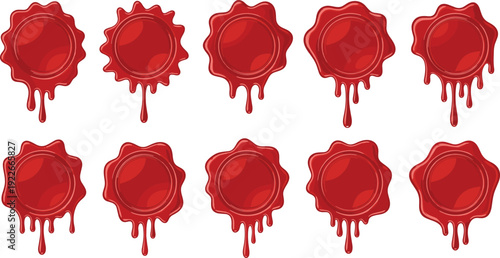 Red wax seal stamp collection dripping vintage emblem vector illustration set