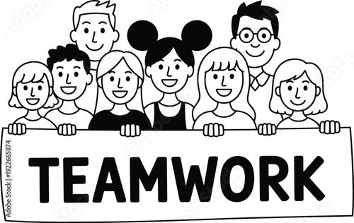 Happy diverse people holding teamwork banner, collaboration and unity concept illustration, group support partnership community spirit isolated on white background