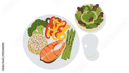 Flat lay of a nutritious dinner setup featuring a plate with salmon, vegetables, and rice, accompanied by a salad bowl and egg on a clean white background.