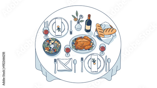 Flat lay illustration of a dinner table setting with food, wine, and utensils on a white background with a minimalist style.