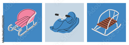 Set of posters with different children's sleds. Vector illustration. Perfect for winter holiday promotions, Christmas cards, children's snow day designs, or nostalgic winter scene illustrations.