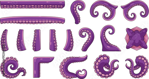 Cartoon Octopus Tentacle Set with Suction Cups in Different Curved Shapes, Purple Sea Monster Limbs Vector Illustration for Game Assets and Design.