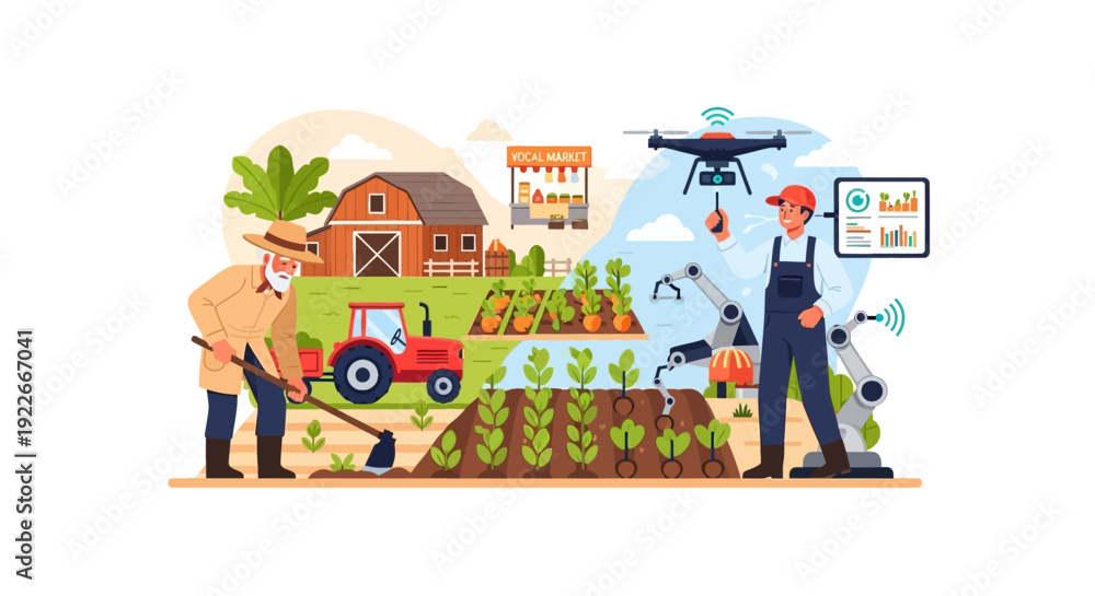 Obraz premium Traditional Farming Meets Smart Agriculture: Robotics, Drones, and Technology Driving the Future of Sustainable Food Production
