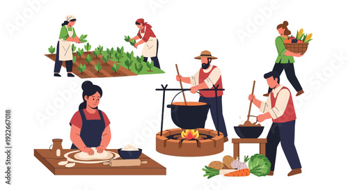 Farm-to-Table Cycle: People Farming, Harvesting Vegetables, Preparing Traditional Meals, Cooking Stew, and Baking Dough.
