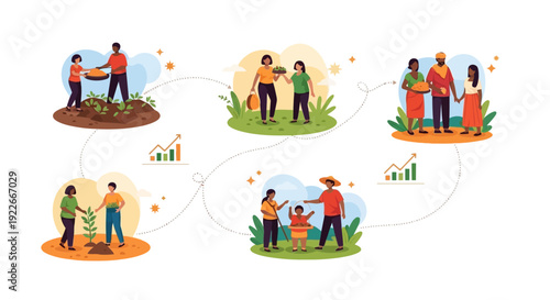 Sustainable Agriculture Cycle: Diverse Farmers Planting, Harvesting, and Community Food Security Process Illustration.