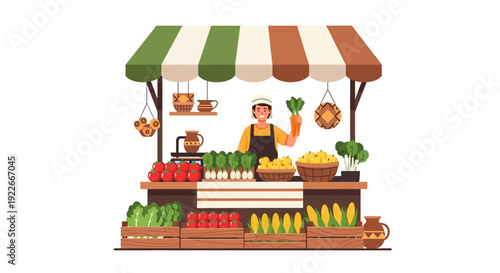 Happy Farmer Holding Carrots at Produce Stall. Local Farmers Market Vendor Selling Fresh Vegetables and Organic Fruit. Flat Vector Illustration.