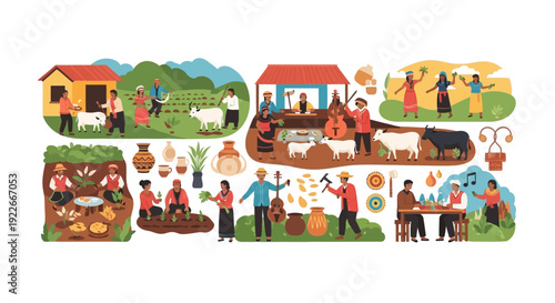 Traditional Village Life Collage: Farming, Community Gathering, Music, and Rural Culture Illustration