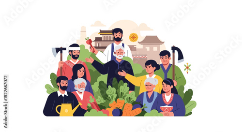 Intergenerational Farming Community Harvest with Diverse Farmers and Fresh Produce in Traditional Village