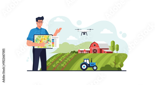 Smart Agriculture and Precision Farming. Farmer analyzing crop data map on tablet while a Drone sprays the field. AgriTech innovation vector illustration.
