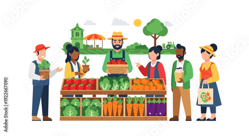 Local Farmers Market with Diverse Vendors and Customers Selling Fresh Organic Produce. Flat Vector Illustration Isolated on White.