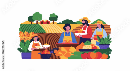 Farming Community Harvesting Fresh Produce. Vector Illustration of Agricultural Workers Working on Sustainable Fields and Selling Organic Vegetables.