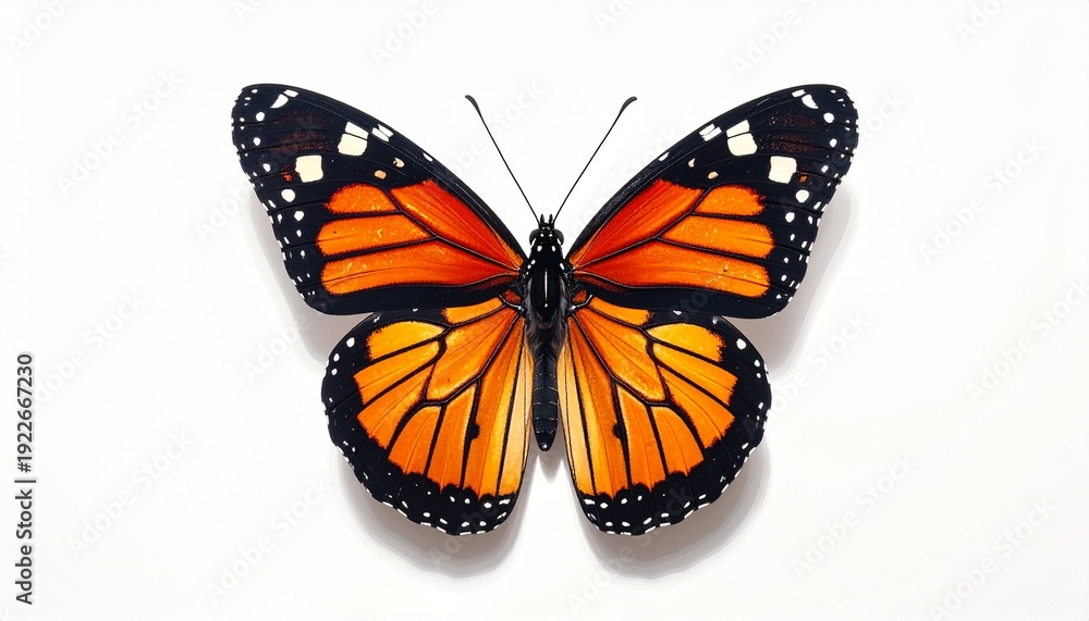 Fototapeta premium Vibrant Monarch Butterfly Close-Up on White Background with Black Spots and Orange Wings