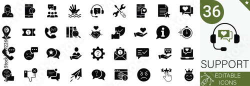 Support Icons Set. Service, Helpdesk, Contact, Assistance, Feedback, and Satisfaction. 36 Professional Solid Vector Icons. Ideal for Business, Client Care, and Customer Service Projects.