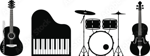 Musical instruments silhouettes set, acoustic guitar piano drum kit and violin vector illustration isolated on white background for music design