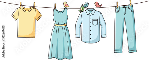 Clothes Hanging on Rope with Clothespins Cute Home Laundry Concept, Casual Outfit Collection Vector Illustration for Fashion, Cleaning and Daily Life Design.