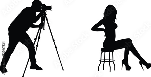 Photographer taking picture of female model silhouette, professional photo shoot session concept, fashion photography isolated on white background