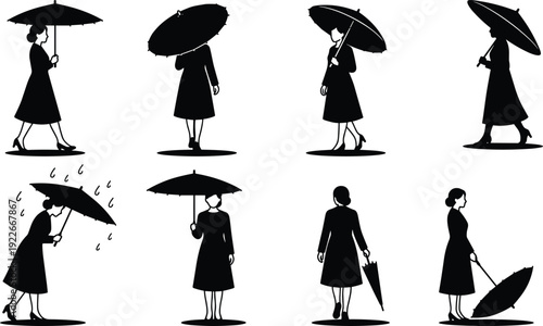 Woman silhouette collection holding umbrella in different poses, rainy weather lifestyle illustration set representing walking, protection and seasonal outdoor activity concept
