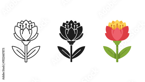 Three simple line and solid color flower icons in a row Vector