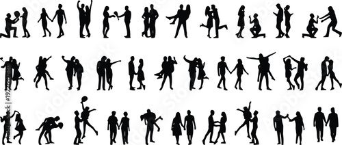 Romantic couple silhouettes collection with love proposal, dancing and hugging poses set, relationship and dating concept isolated on white background