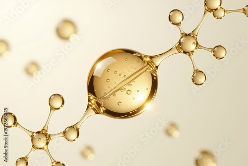 Champagne gold retinol droplets with delicate viscous bridges float over a luminous surface, featuring a larger droplet with microbubbles in soft macro lighting.