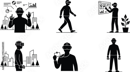 Virtual Reality User Silhouette Set Featuring VR Technology Interaction, Augmented Reality Experience, Digital Innovation, Metaverse Lifestyle and Immersive Technology Concepts