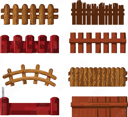 Wooden fence collection with rustic farm barriers, cartoon style timber railing set, garden enclosure elements isolated on white background
