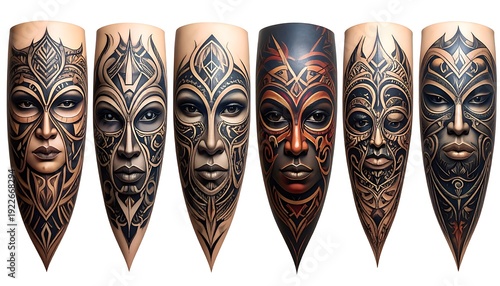 Six decorative masks with intricate designs resembling human faces, displayed against a white background