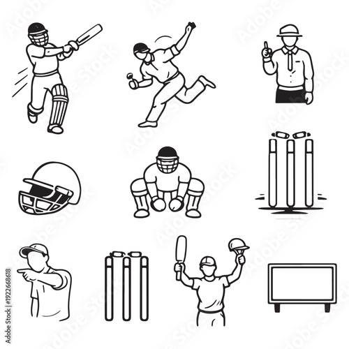 Cricket player icons and match equipment set in a minimalist black line art vector style